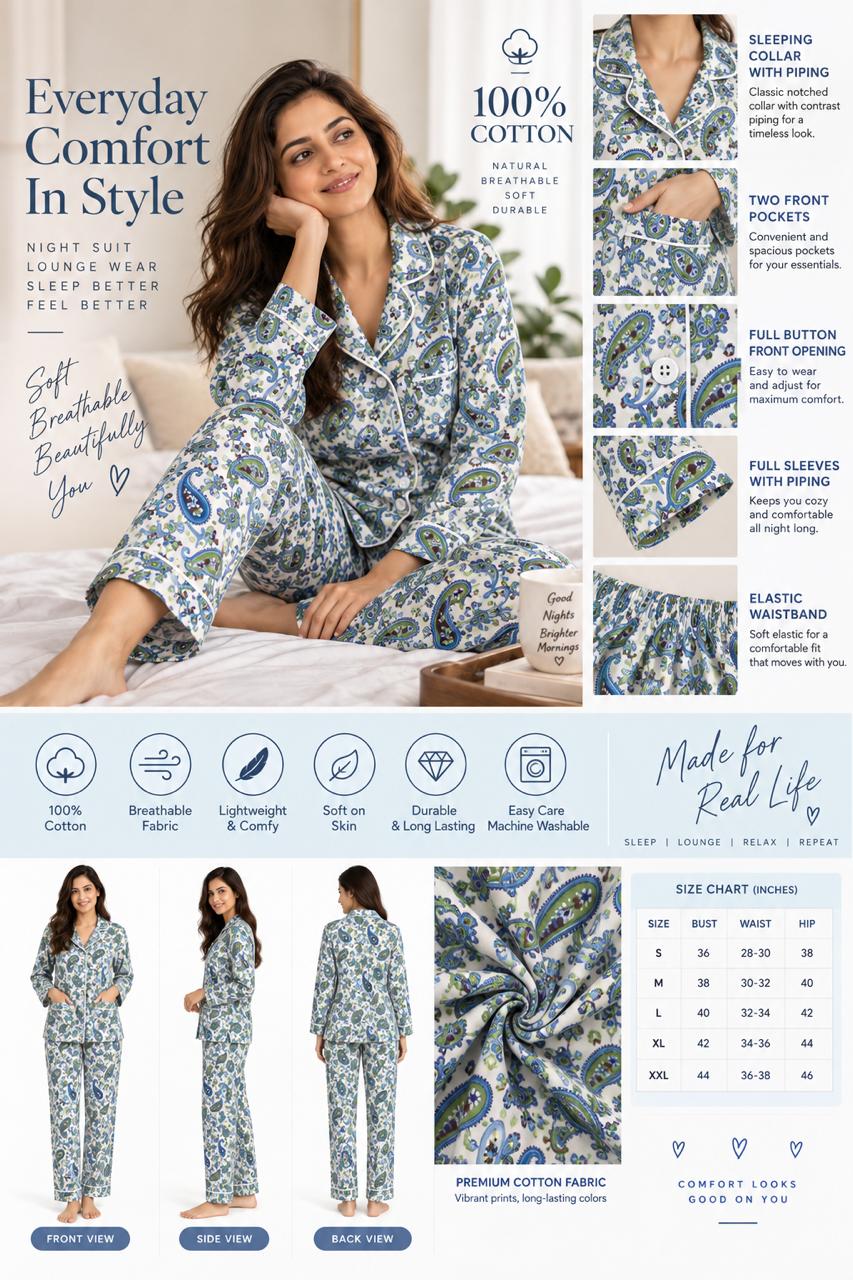 CLLING Women's Pure Cotton Full Sleeve Nightwear Set - Blue & Green Paisley Print Pyjama Co-ord