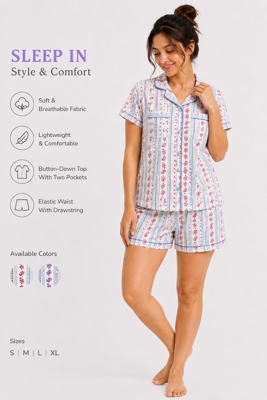 CLLING Women's Pure Cotton Geometric Print Nightwear Set - Cream & Orange Shirt with Shorts Co-ord