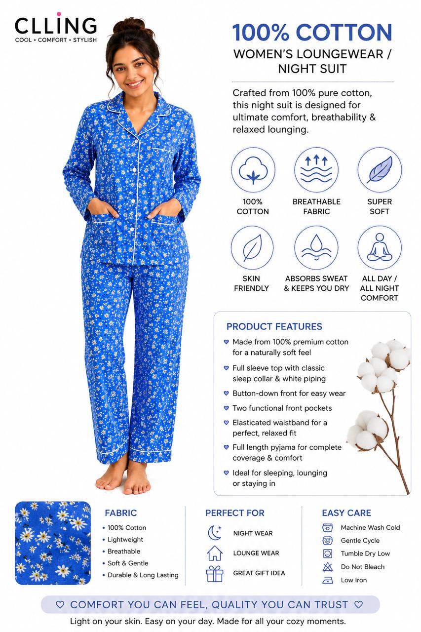 CLLING Women's Pure Cotton Full Sleeve Nightwear Set - Royal Blue Floral Pyjama Co-ord