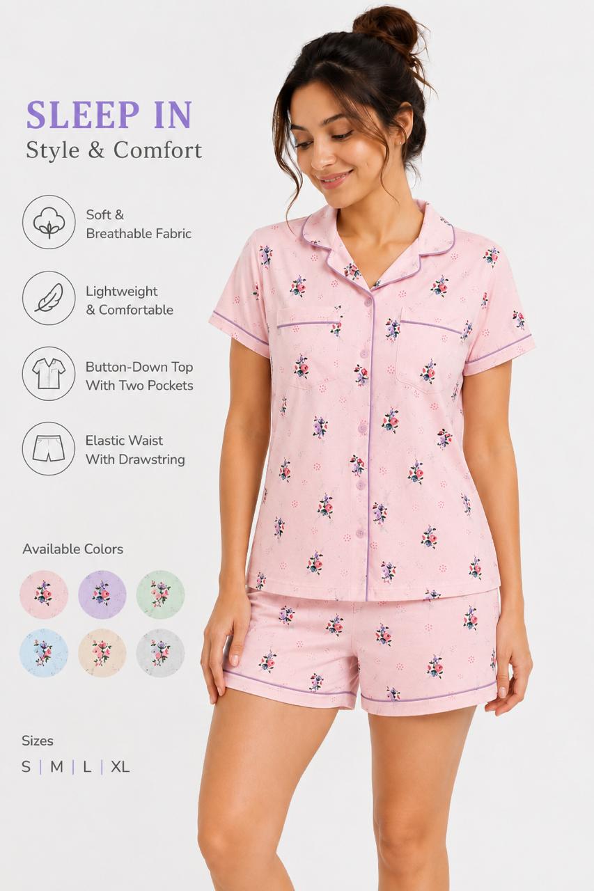 CLLING Women's Pure Cotton Floral Nightwear Set - Pastel Pink Shirt with Shorts Co-ord
