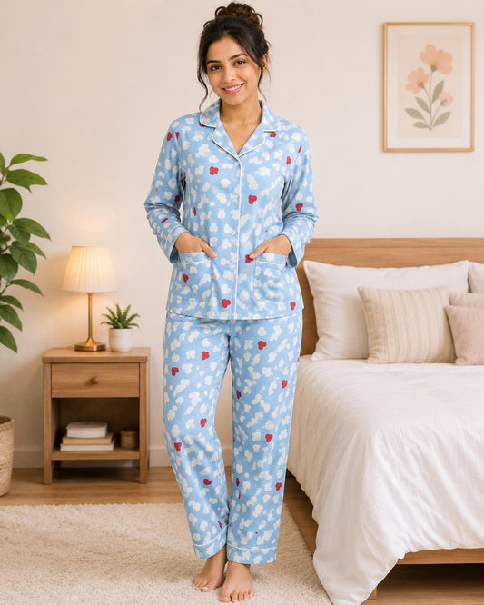 CLLING Women's Pure Cotton Full Sleeve Nightwear Set - Sky Blue Cloud & Heart Print Pyjama Co-ord