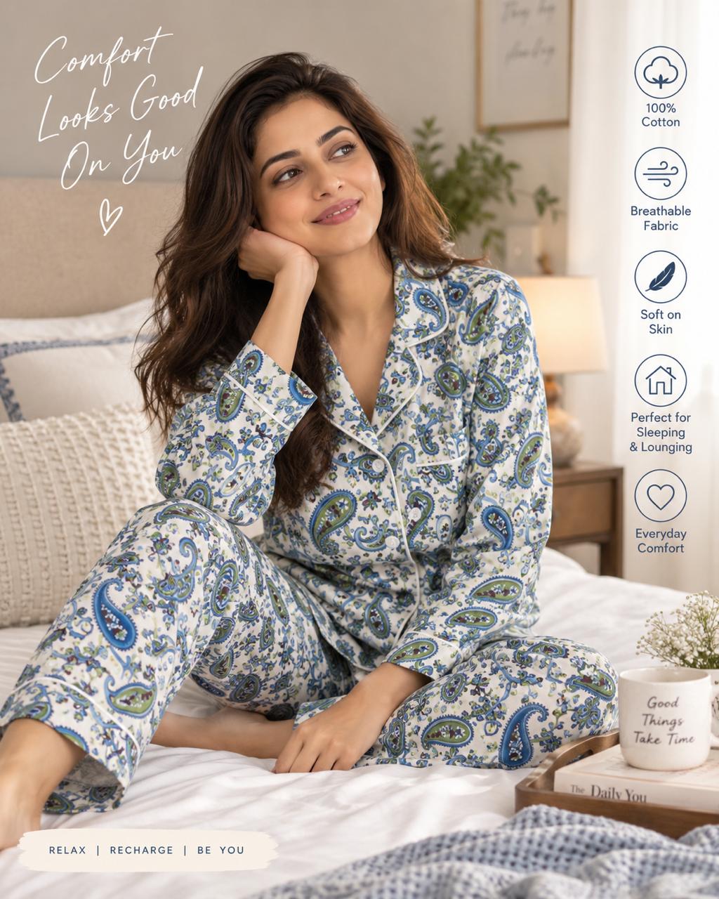CLLING Women's Pure Cotton Full Sleeve Nightwear Set - Blue & Green Paisley Print Pyjama Co-ord