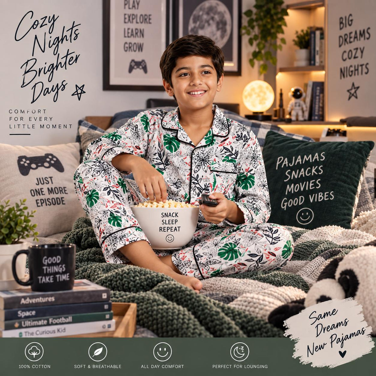 Boys and Girls Tropical Leaf Print Cotton Nightsuit Set - Super Soft & Comfy