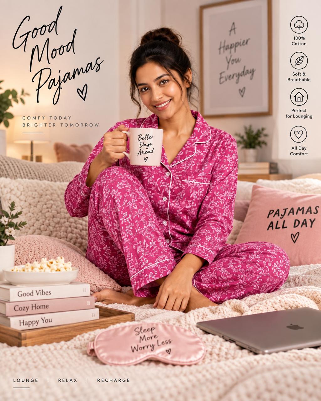 CLLING Women's Pure Cotton Full Sleeve Nightwear Set - Magenta Botanical Floral Pyjama Co-ord