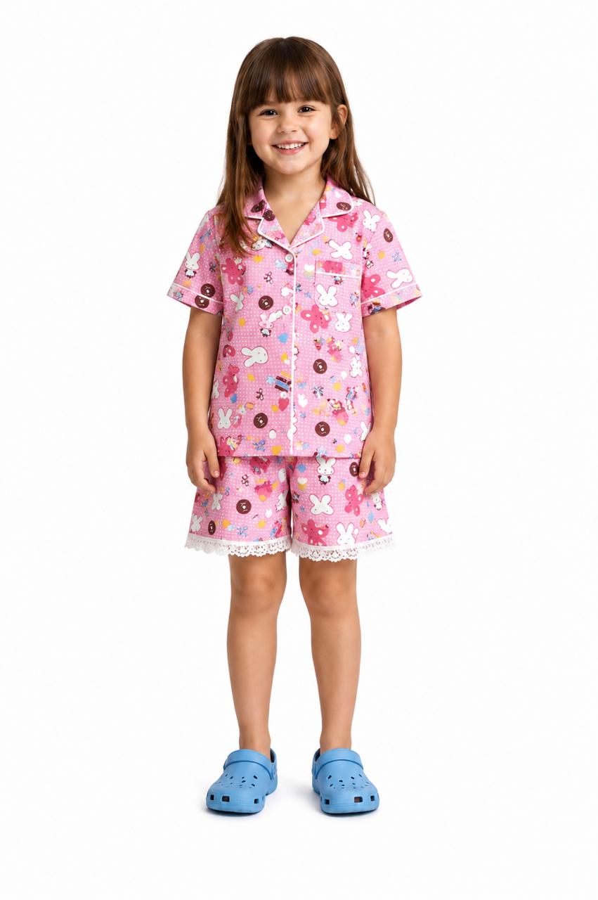 CLLING Girls Pure Cotton Printed Nightwear Set - Pink Bunny & Sweet Treats Shirt & Shorts Co-ord