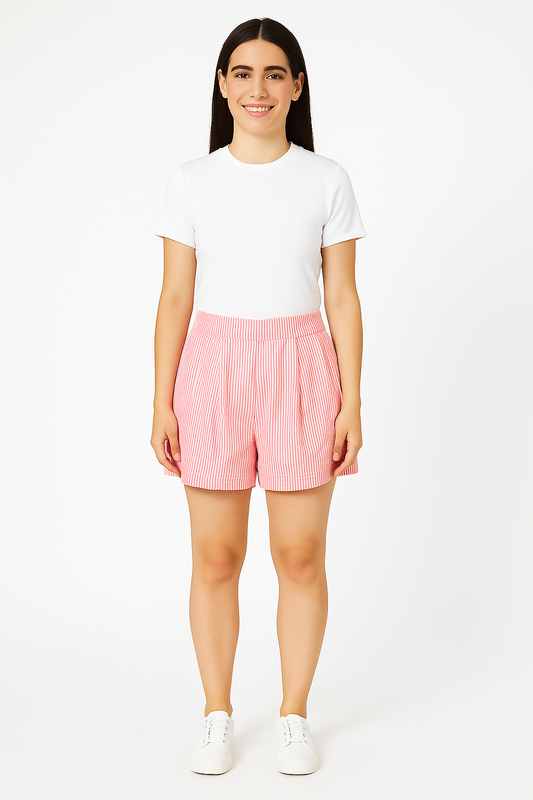 CLLING Women's Pure Cotton Vertical Striped Boxer Shorts with Pockets - Pink & White