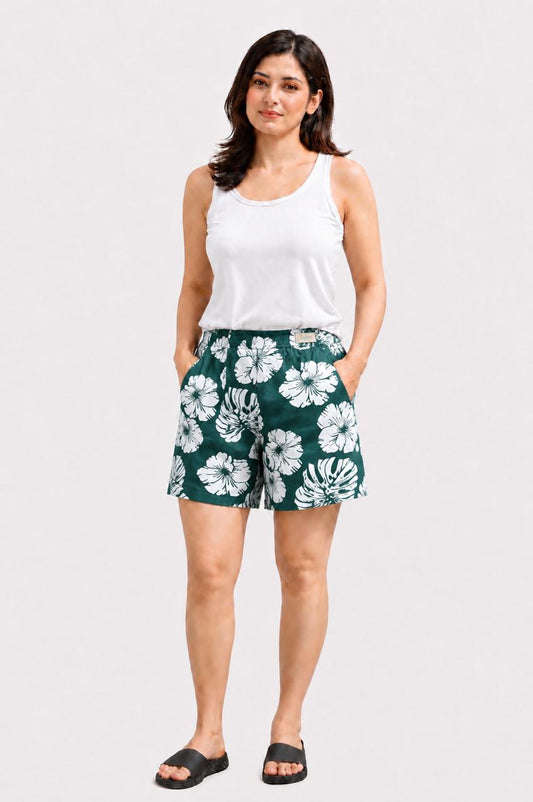 CLLING Women's Pure Cotton Tropical Floral Printed Boxer Shorts with Pockets - Dark Green