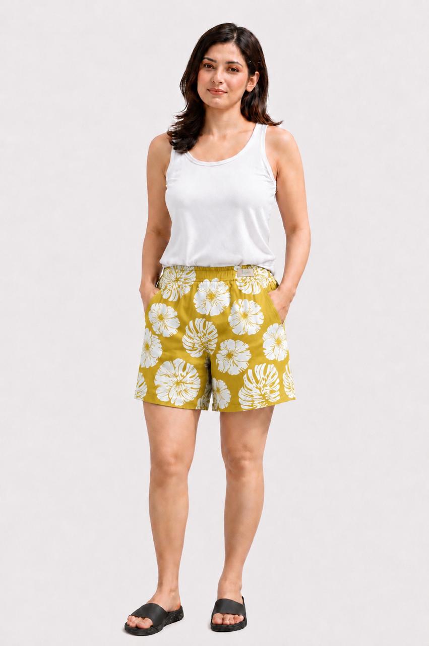 CLLING Women's Pure Cotton Tropical Floral Printed Boxer Shorts with Pockets - Mustard Yellow