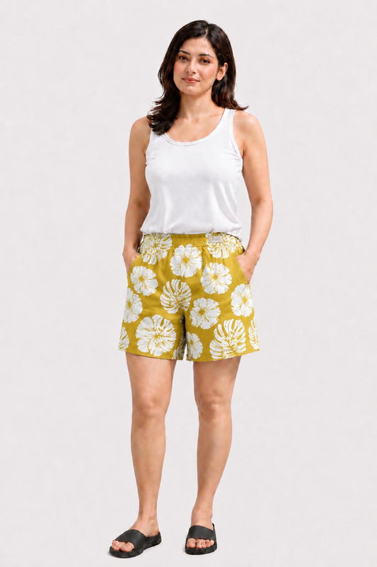 CLLING Women's Pure Cotton Tropical Floral Printed Boxer Shorts with Pockets - Mustard Yellow