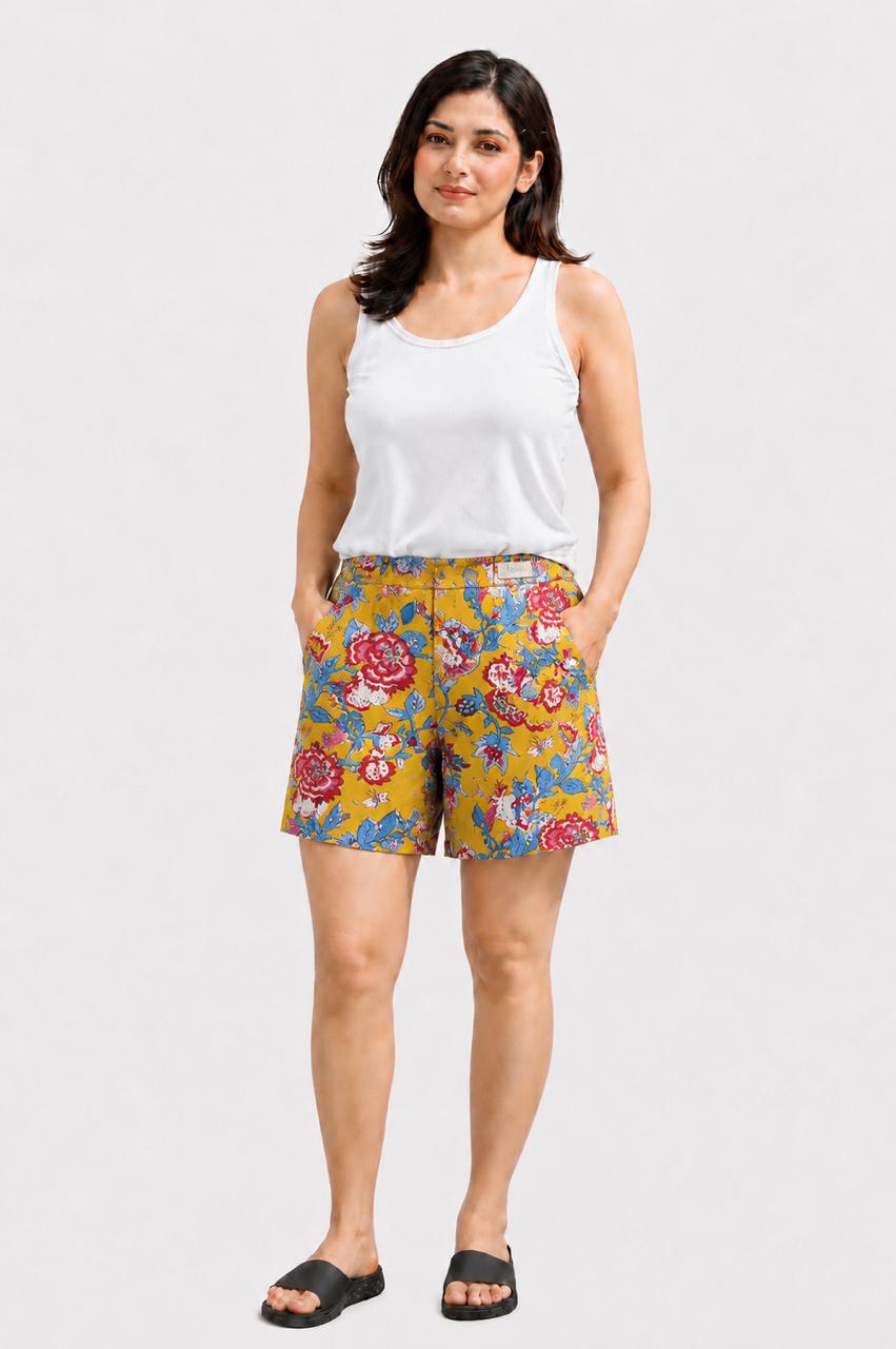 CLLING Women's Pure Cotton Multicolor Floral Printed Boxer Shorts with Pockets - Yellow