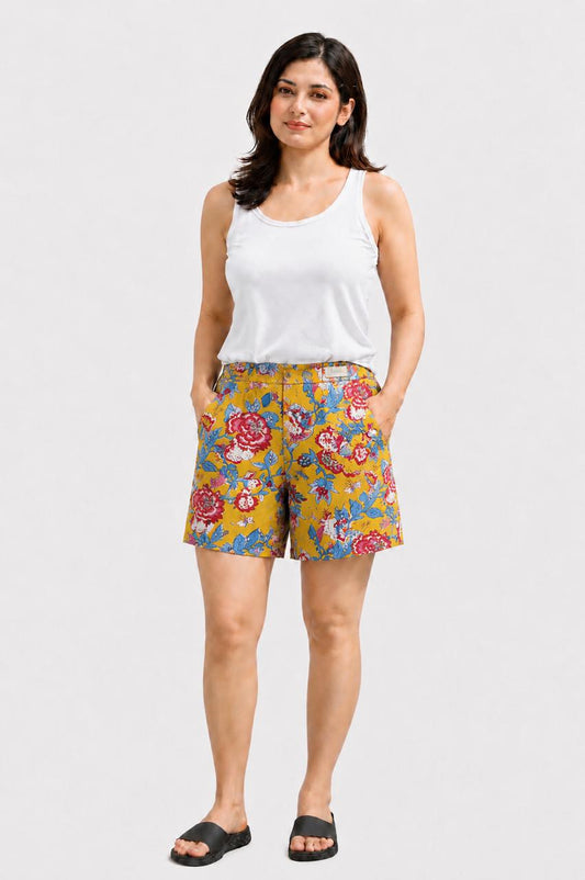 CLLING Women's Pure Cotton Multicolor Floral Printed Boxer Shorts with Pockets - Yellow