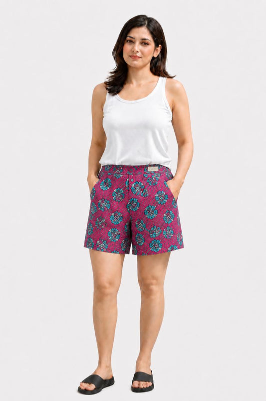 CLLING Women's Pure Cotton Ethnic Floral Printed Boxer Shorts with Pockets - Magenta