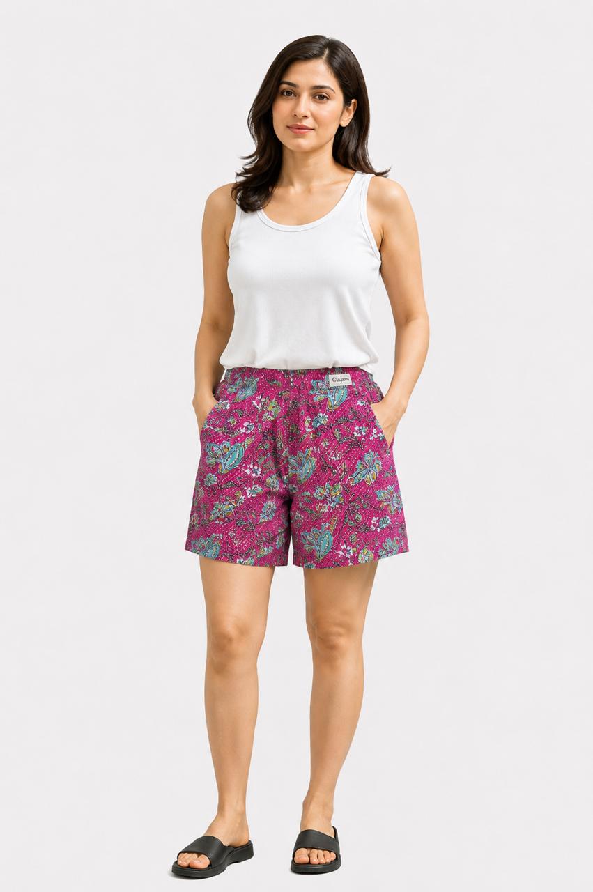 CLLING Women's Pure Cotton Paisley Floral Printed Boxer Shorts with Pockets - Fuchsia Pink