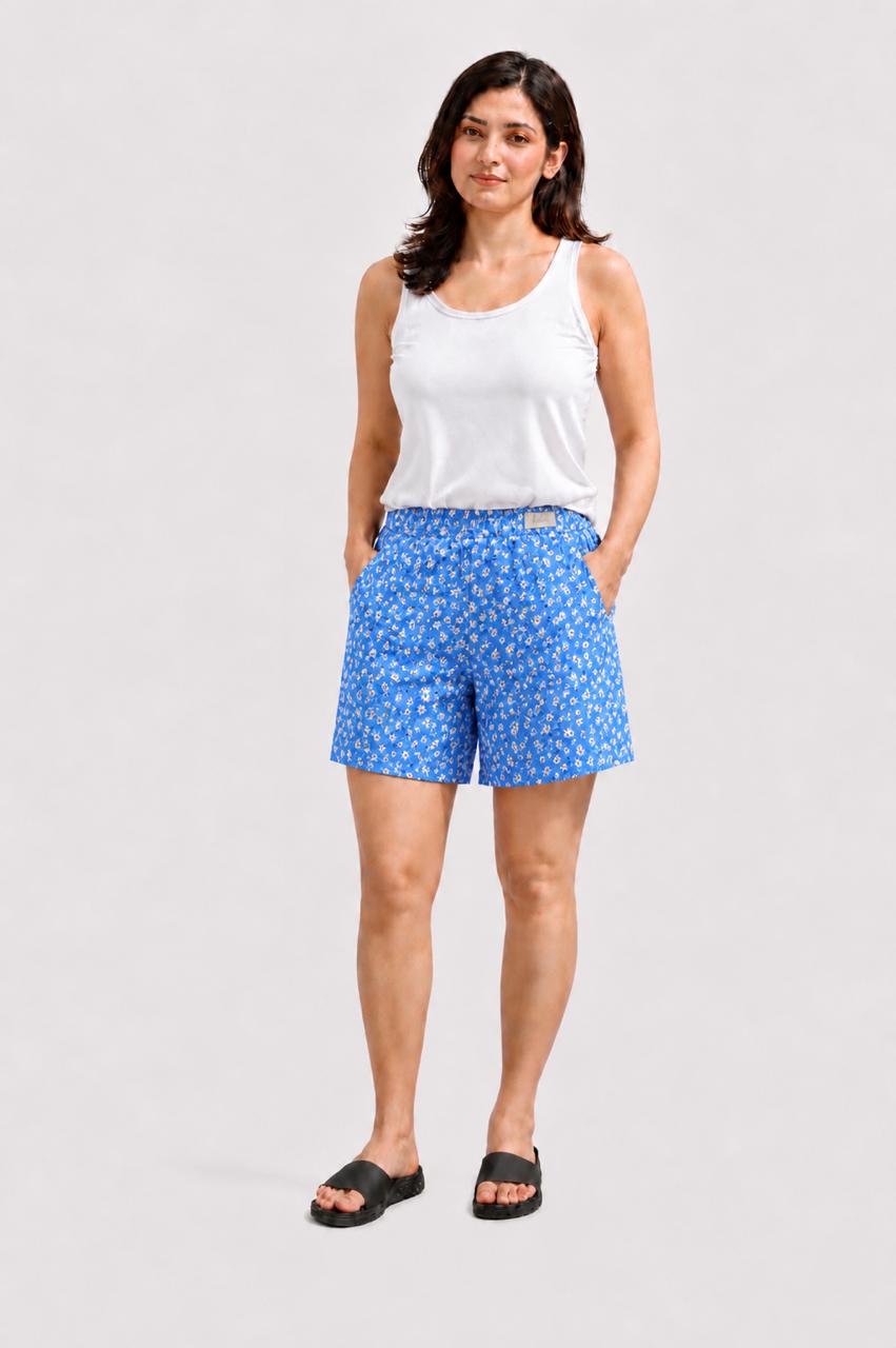 CLLING Women's Pure Cotton Ditsy Floral Printed Boxer Shorts with Pockets - Royal Blue