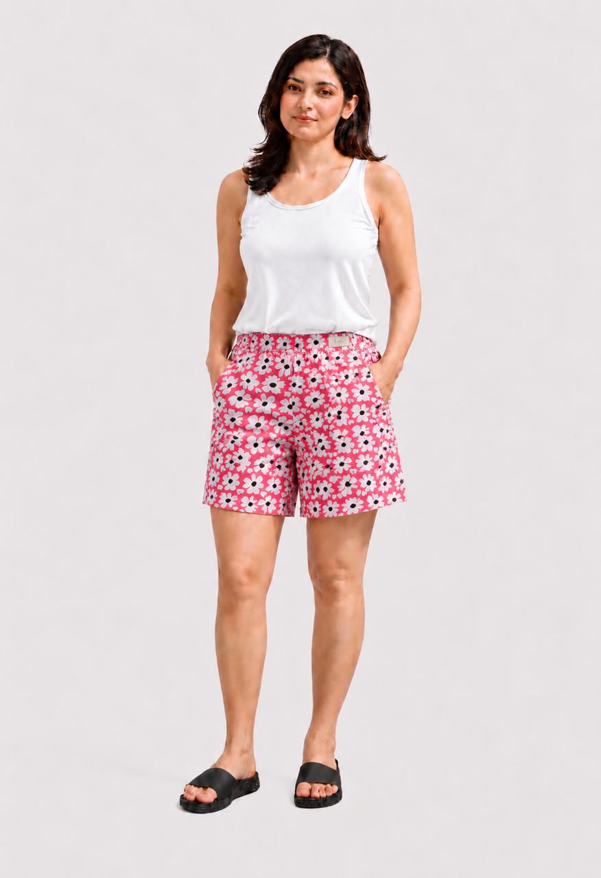 CLLING Women's Pure Cotton Floral Daisy Printed Boxer Shorts with Pockets - Pink