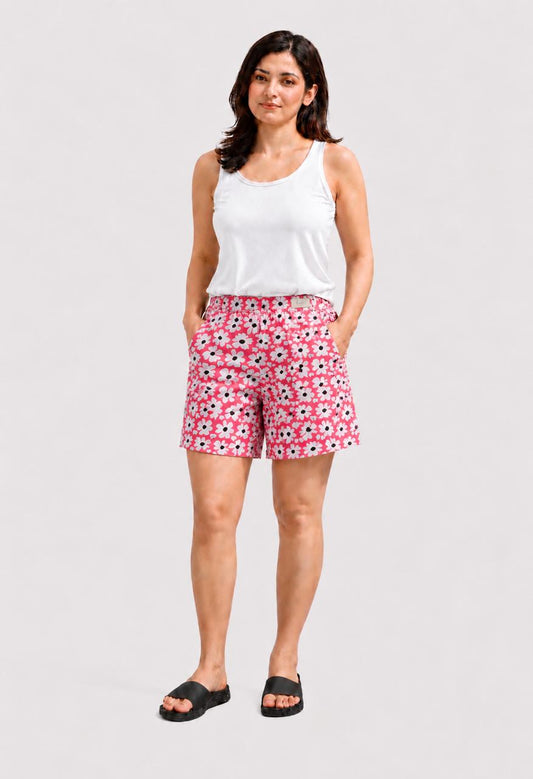 CLLING Women's Pure Cotton Floral Daisy Printed Boxer Shorts with Pockets - Pink