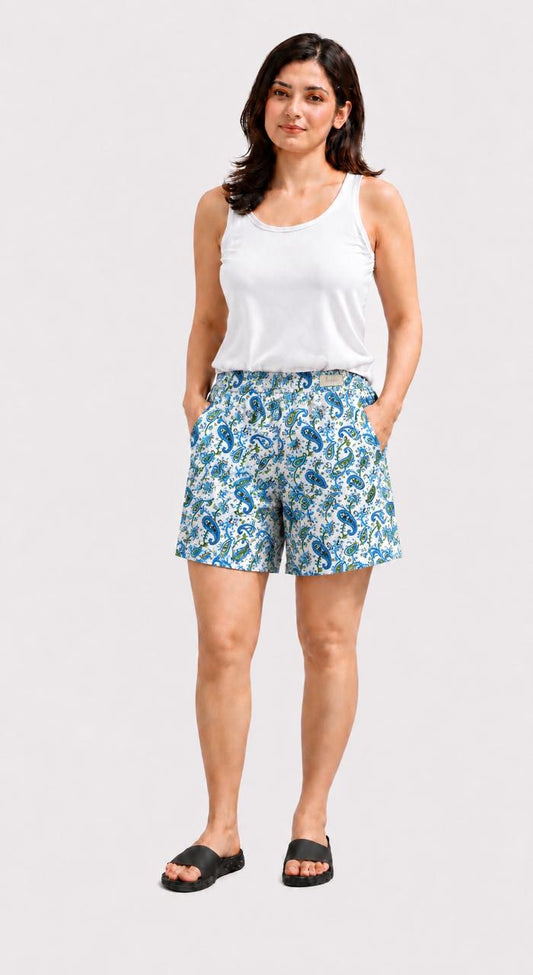 CLLING Women's Pure Cotton Blue Paisley Printed Boxer Shorts with Pockets - White