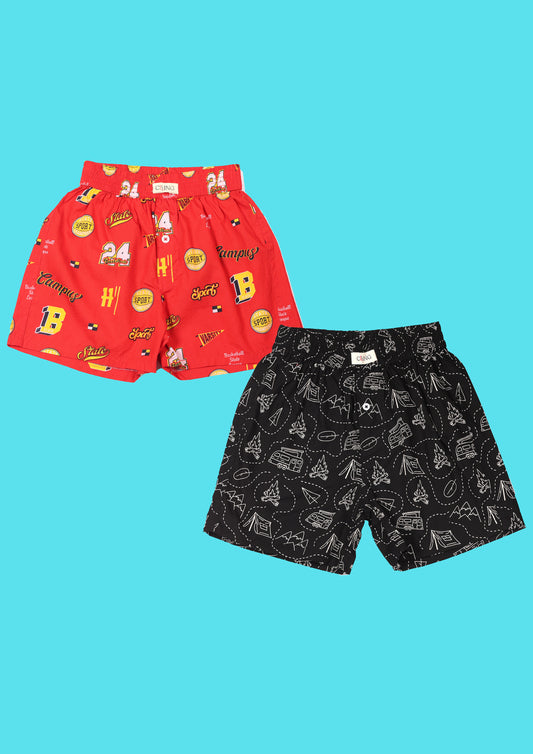 CLLING Boys Red & Black Outdoor Adventure Printed Cotton Boxer Shorts