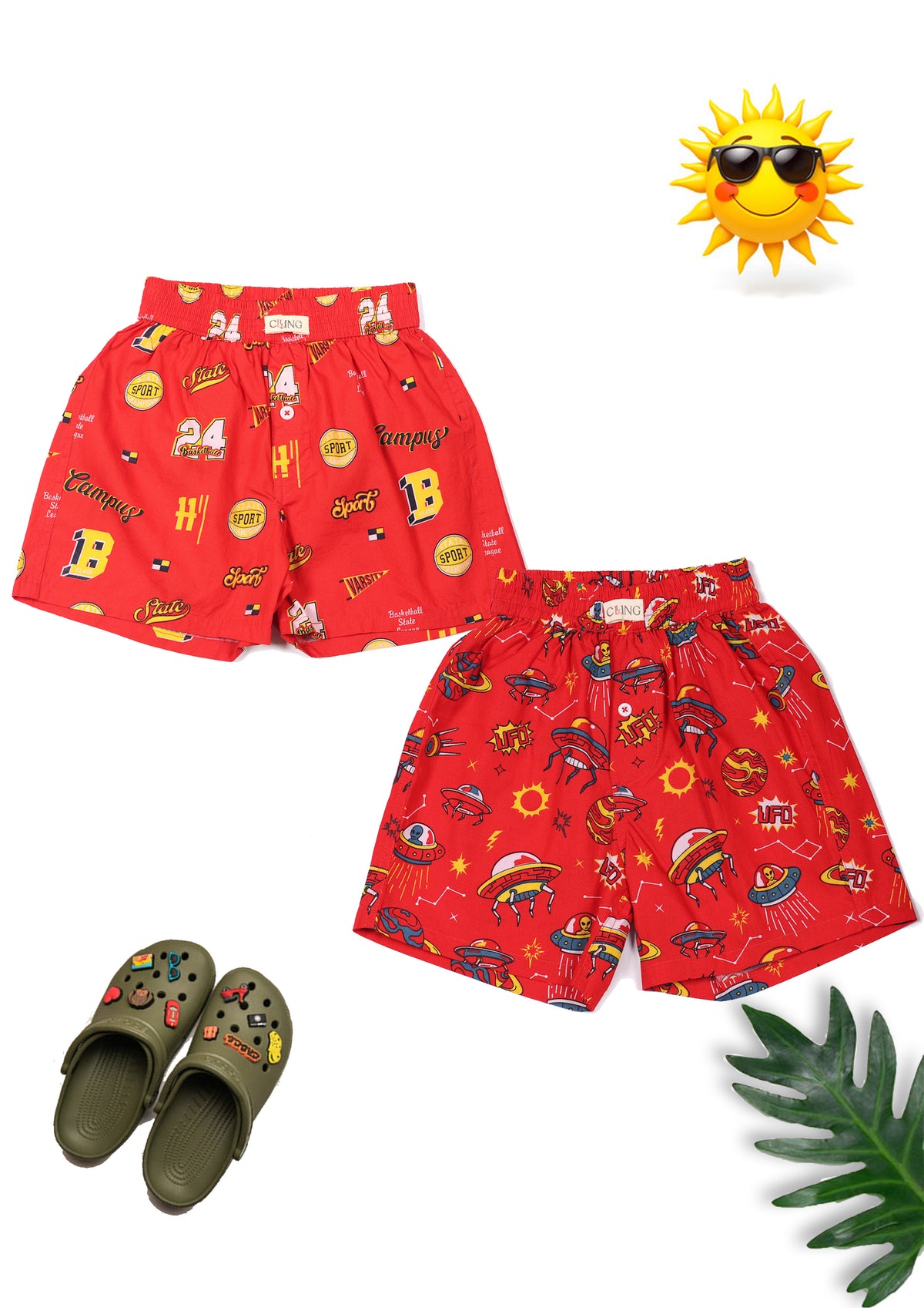 CLLING Boys Red Sports & Space UFO Printed Cotton Boxer Shorts