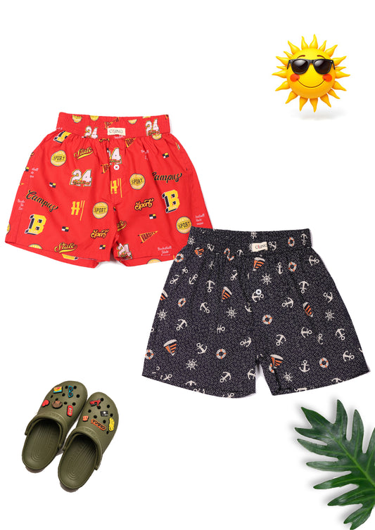 CLLING Boys Red Sports & Navy Nautical Printed Cotton Boxer Shorts