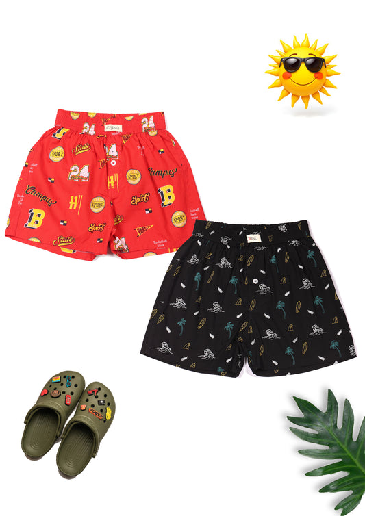 CLLING Boys Graphic Printed Cotton Boxer Shorts - Red & Black