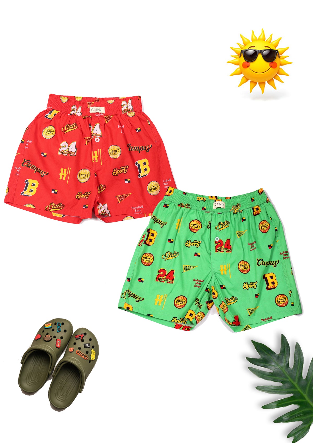 CLLING Boys Campus Graphic Printed Cotton Boxer Shorts - Red & Green