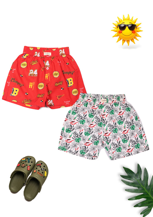 CLLING Boys Red Sports & White Tropical Leaf Printed Cotton Boxer Shorts