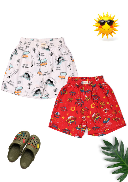CLLING Boys White & Red Printed Cotton Boxer Shorts (Pack of 2) - Beach Waves & Space UFO