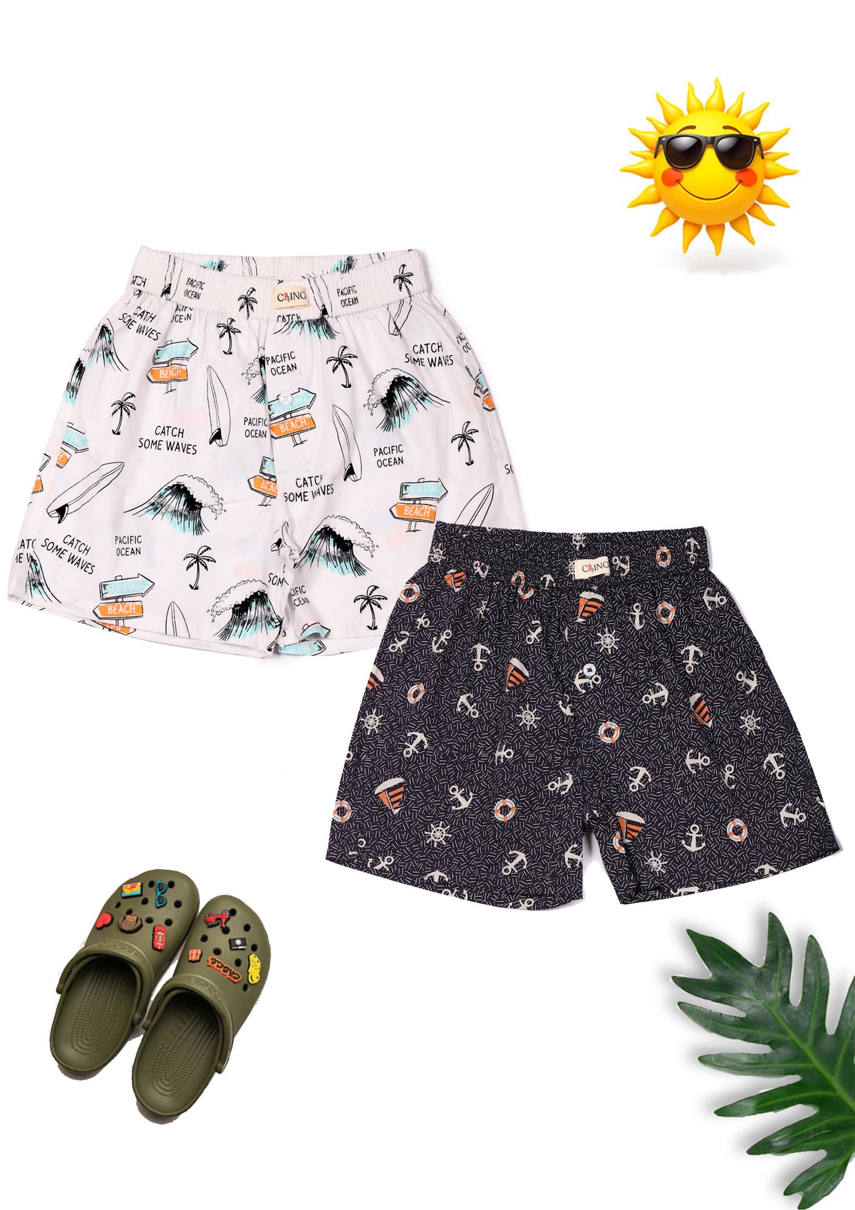 CLLING Boys White & Navy Blue Printed Cotton Boxer Shorts (Pack of 2) - Beach Waves & Nautical Anchor