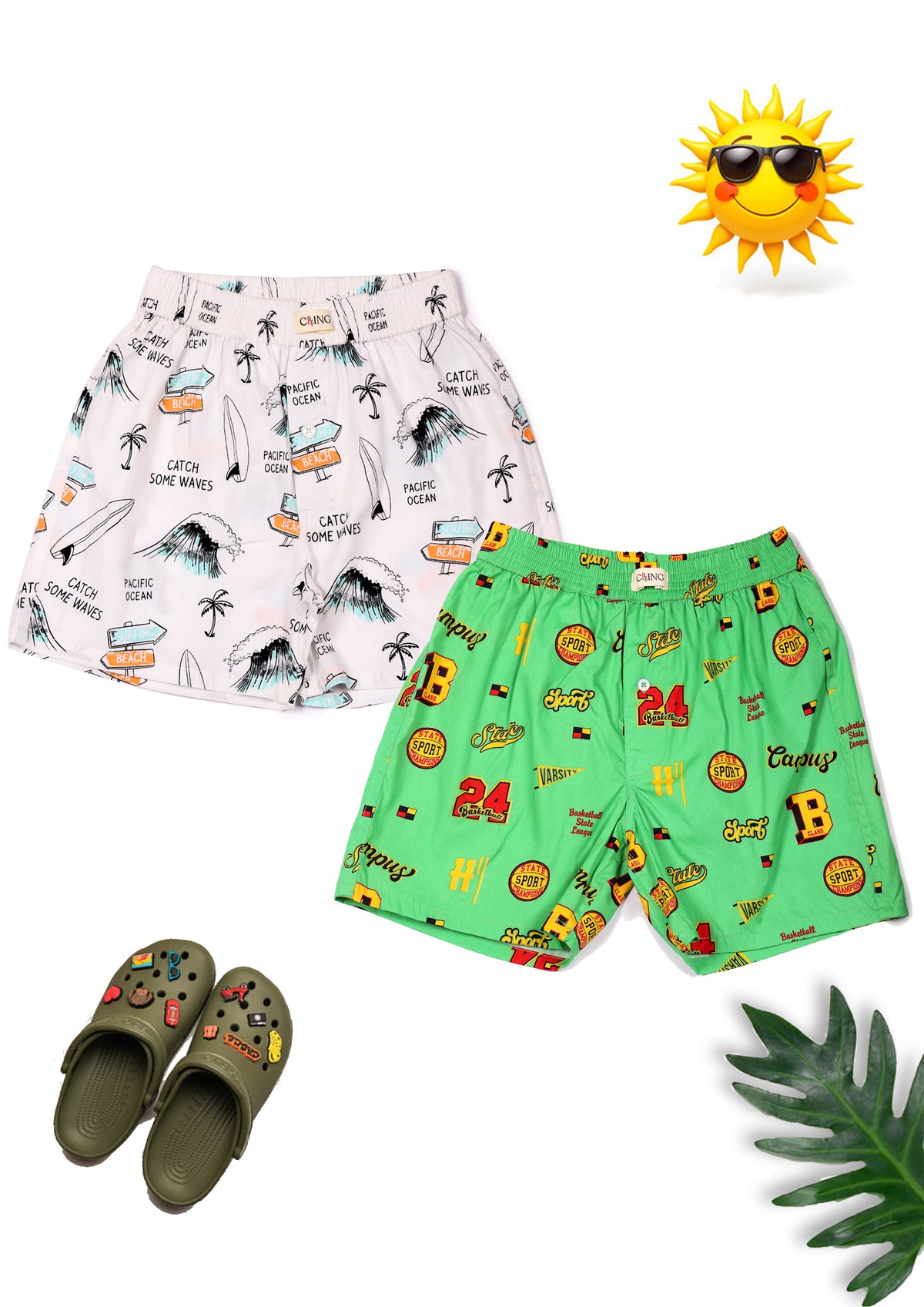 CLLING Boys White & Green Printed Cotton Boxer Shorts (Pack of 2) - Beach Surf & Sports Print