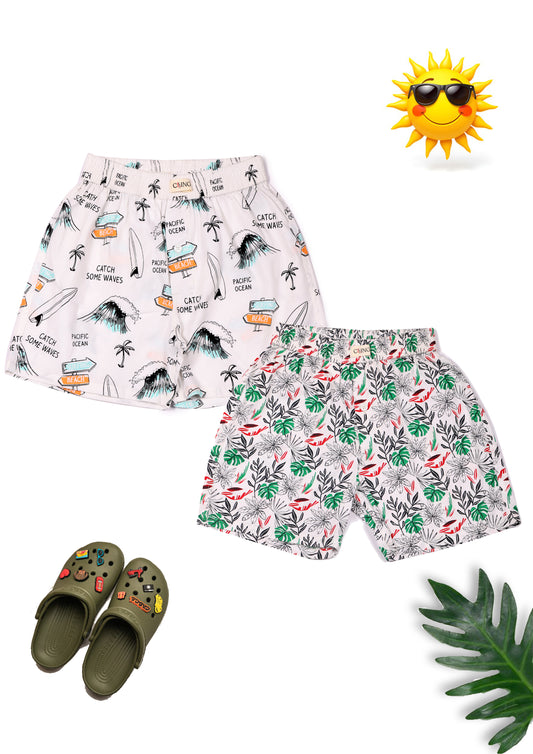 CLLING Kids Super Soft White Graphic Cotton Boxer Shorts Set - Pack of 2