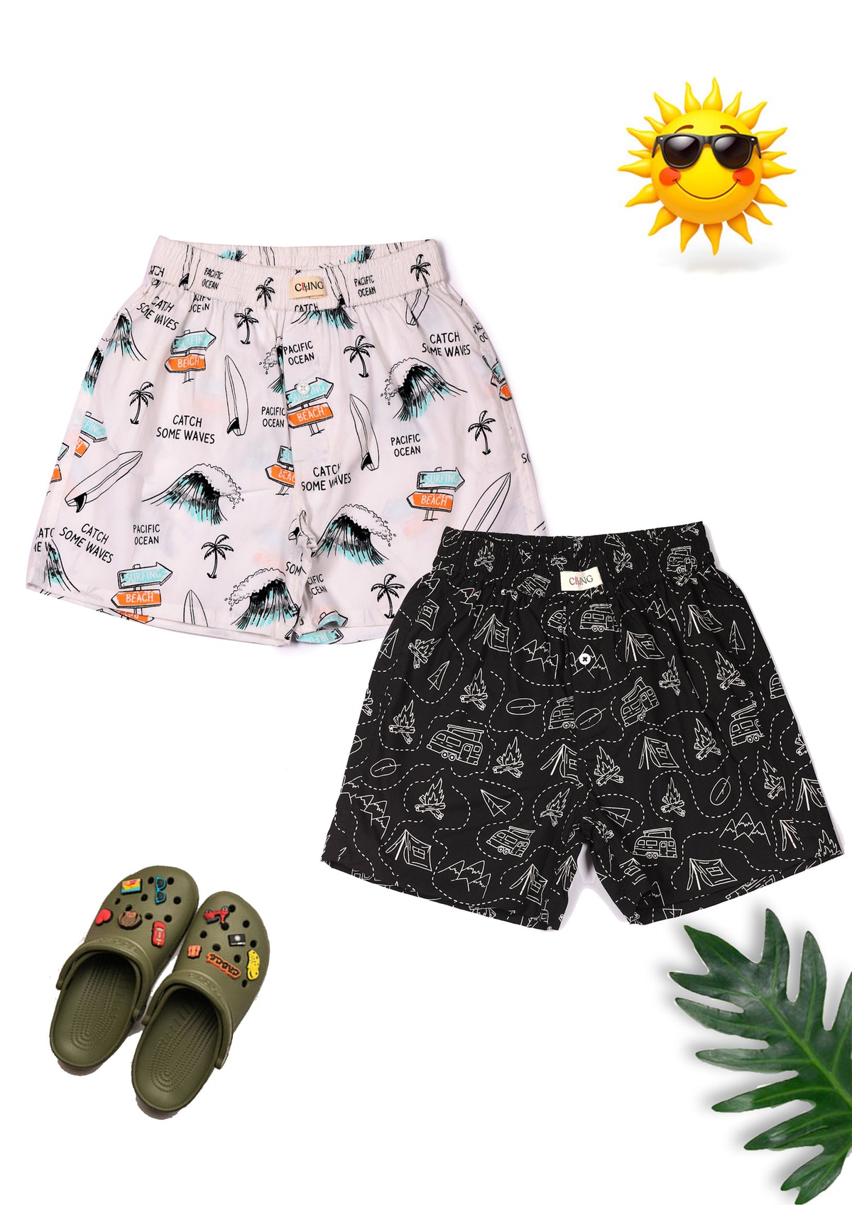 CLLING Kids Super Soft White & Black Graphic Cotton Boxer Shorts Set - Pack of 2