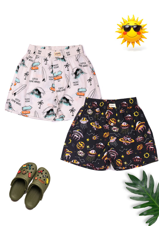 CLLING Boys 2-Pack Pure Cotton Printed Boxer Shorts - White Surfing & Black Outer Space Print