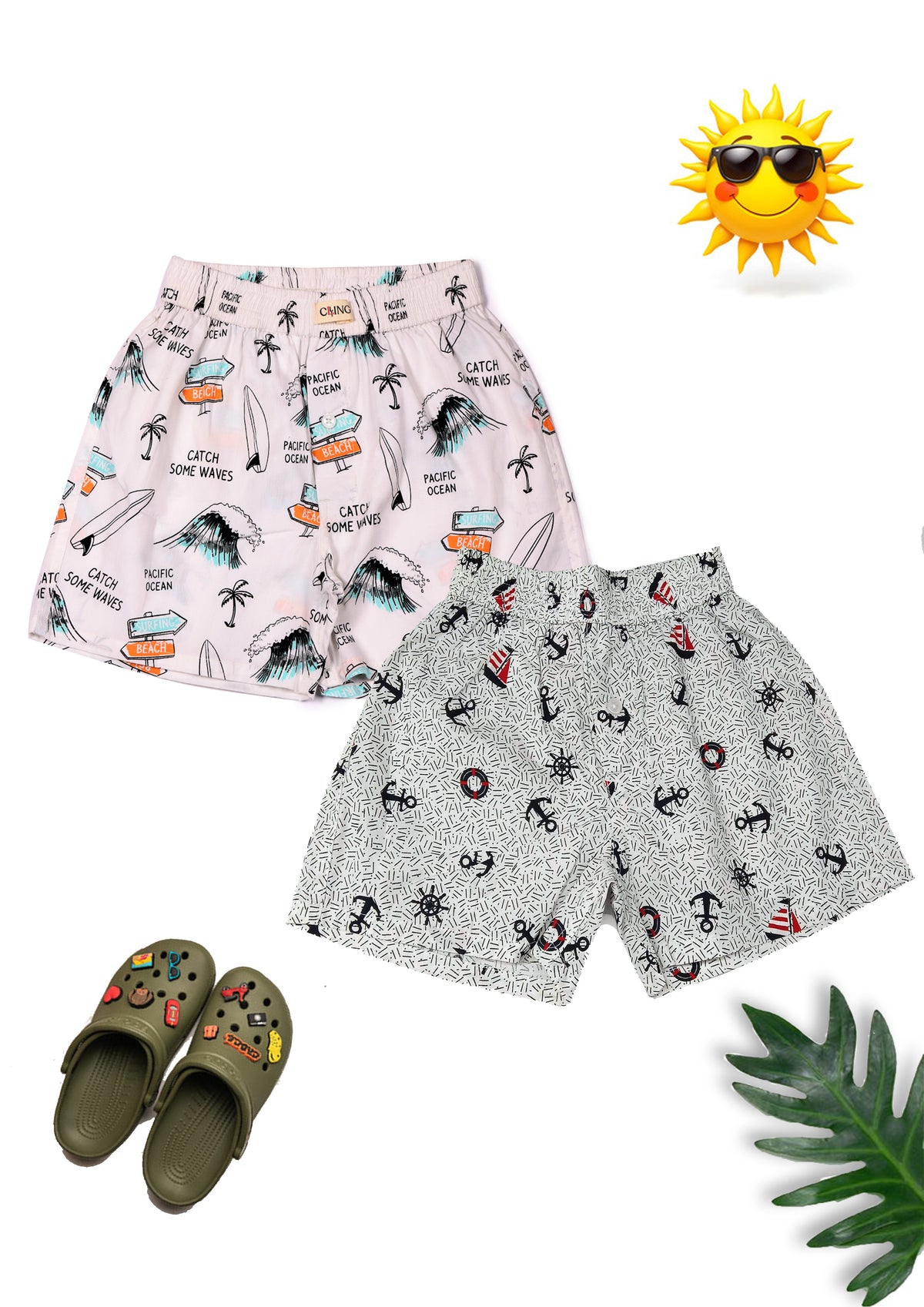 CLLING Kids Super Soft White & Grey Beach & Nautical Graphic Cotton Boxer Shorts Set - Pack of 2