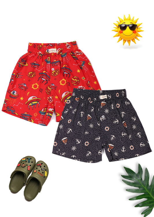 CLLING Kids Super Soft Red & Navy Graphic Cotton Boxer Shorts Set - Pack of 2