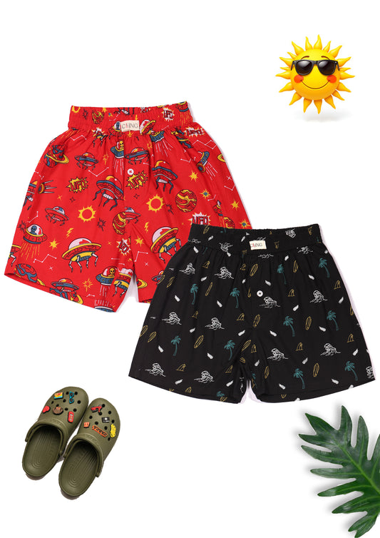 CLLING Kids Super Soft Red & Black Graphic Cotton Boxer Shorts Set - Pack of 2