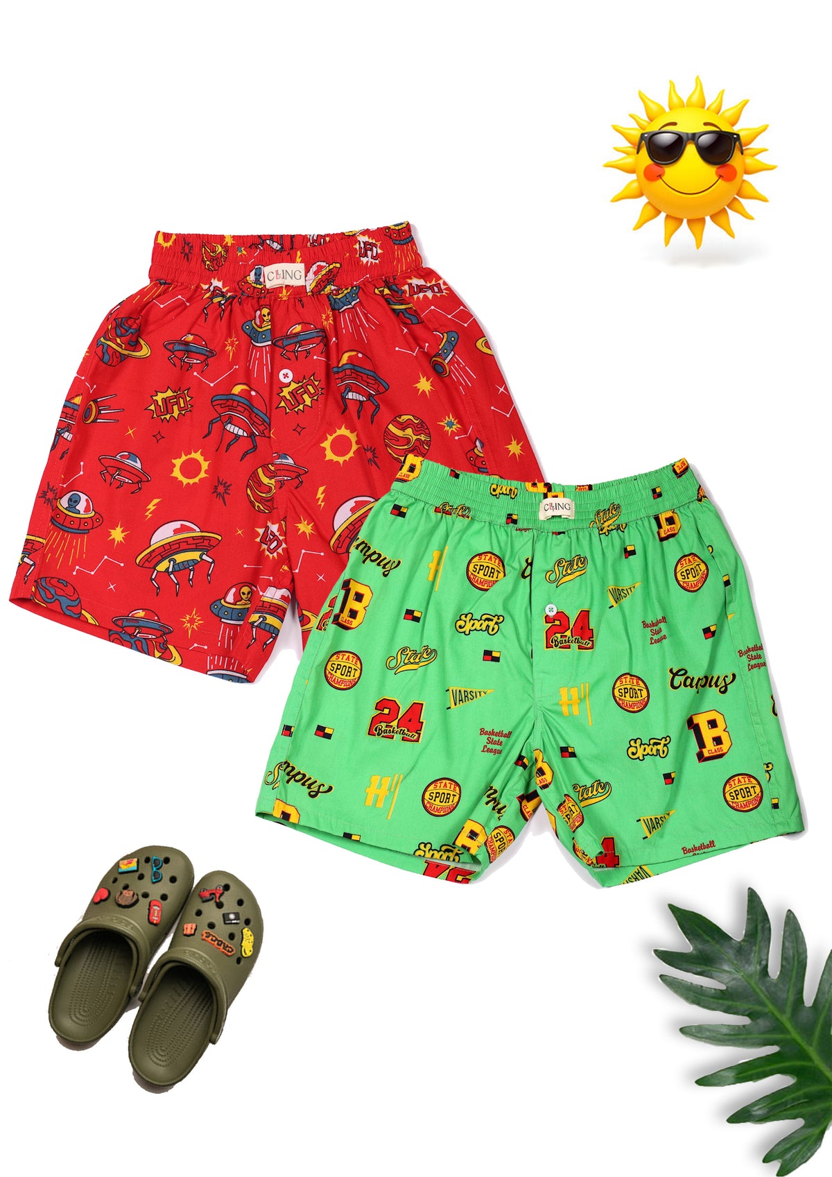 CLLING Boys 2-Pack Pure Cotton Printed Boxer Shorts - Red UFO & Green Sports Print