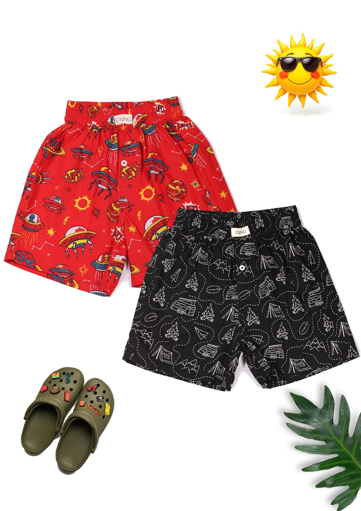 CLLING Kids Red & Black Outdoor Adventure Printed Cotton Boxer Shorts