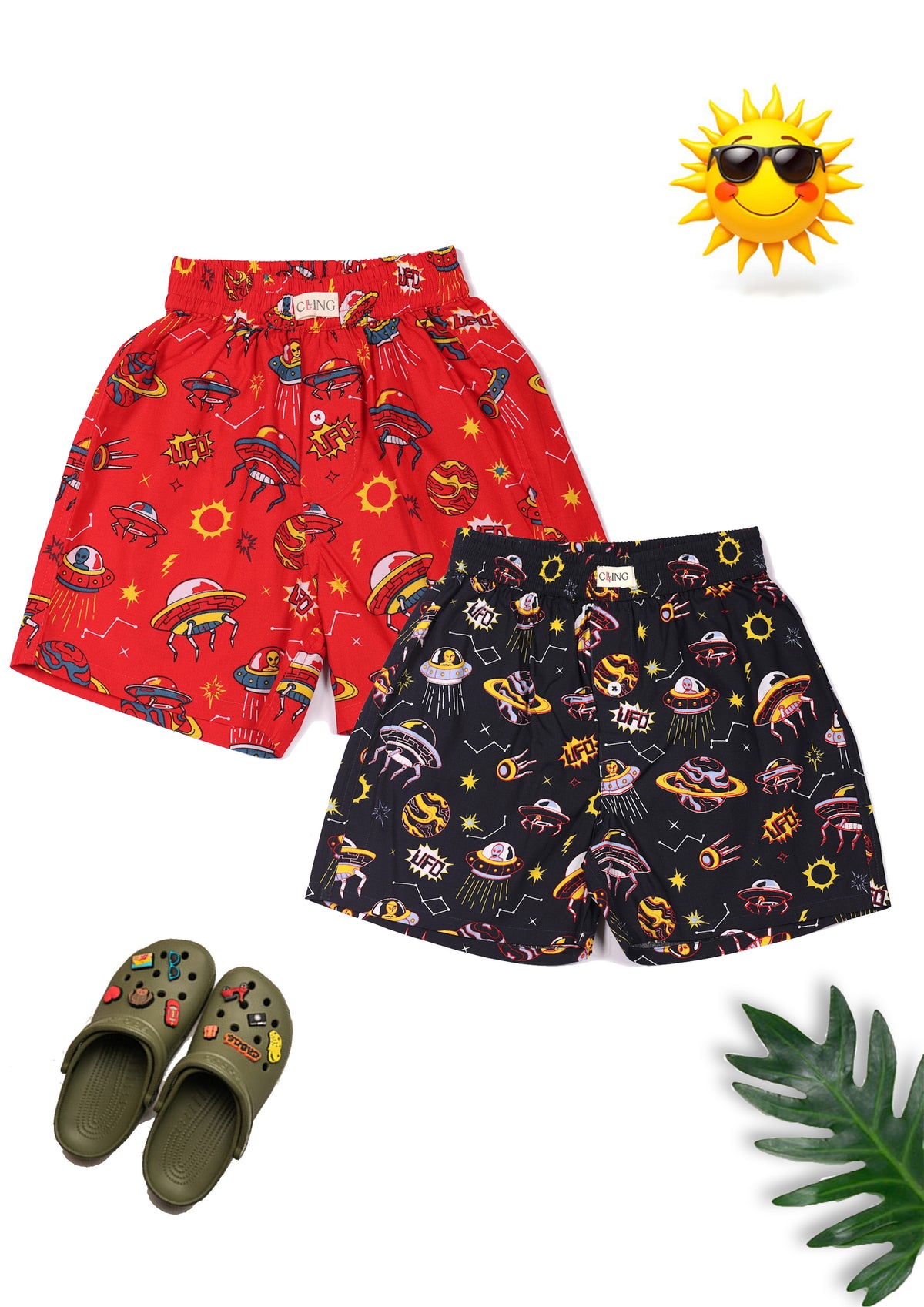 CLLING Unisex Red & Black Printed Cotton Boxer Shorts (Pack of 2) - Outer Space & UFO Theme