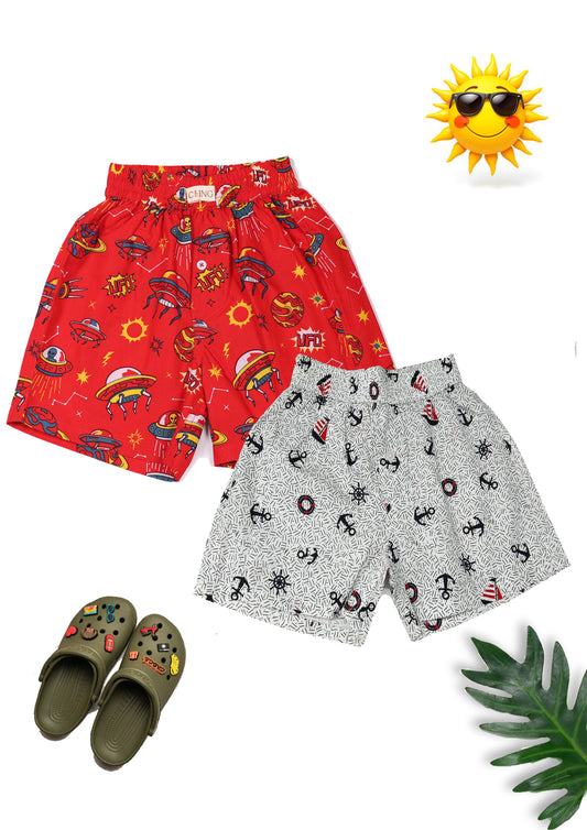 CLLING Kids Super Soft Red & Grey Graphic Cotton Boxer Shorts Set - Pack of 2