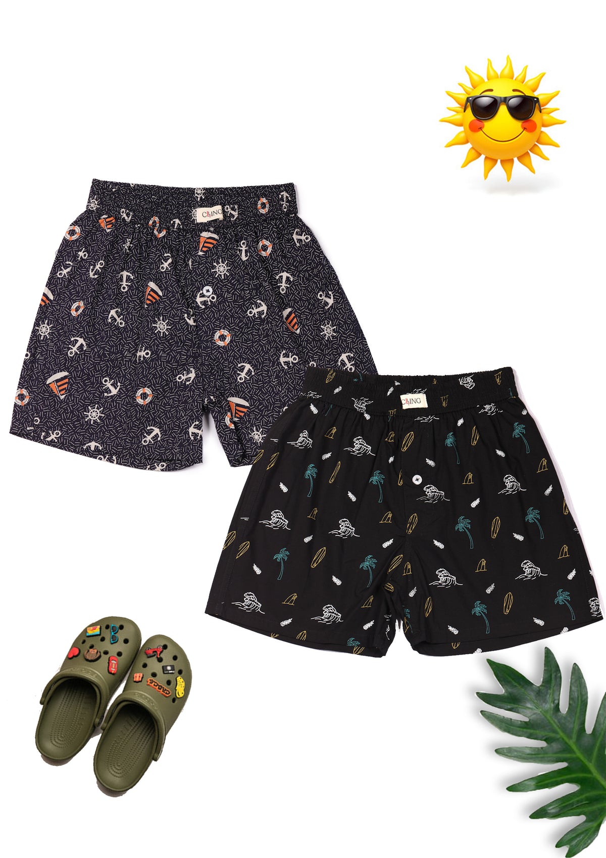 CLLING Kids Super Soft Navy & Black Graphic Cotton Boxer Shorts Set - Pack of 2