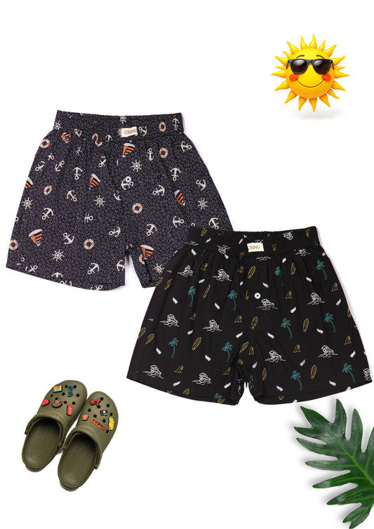 CLLING Kids Super Soft Navy & Black Graphic Cotton Boxer Shorts Set - Pack of 2