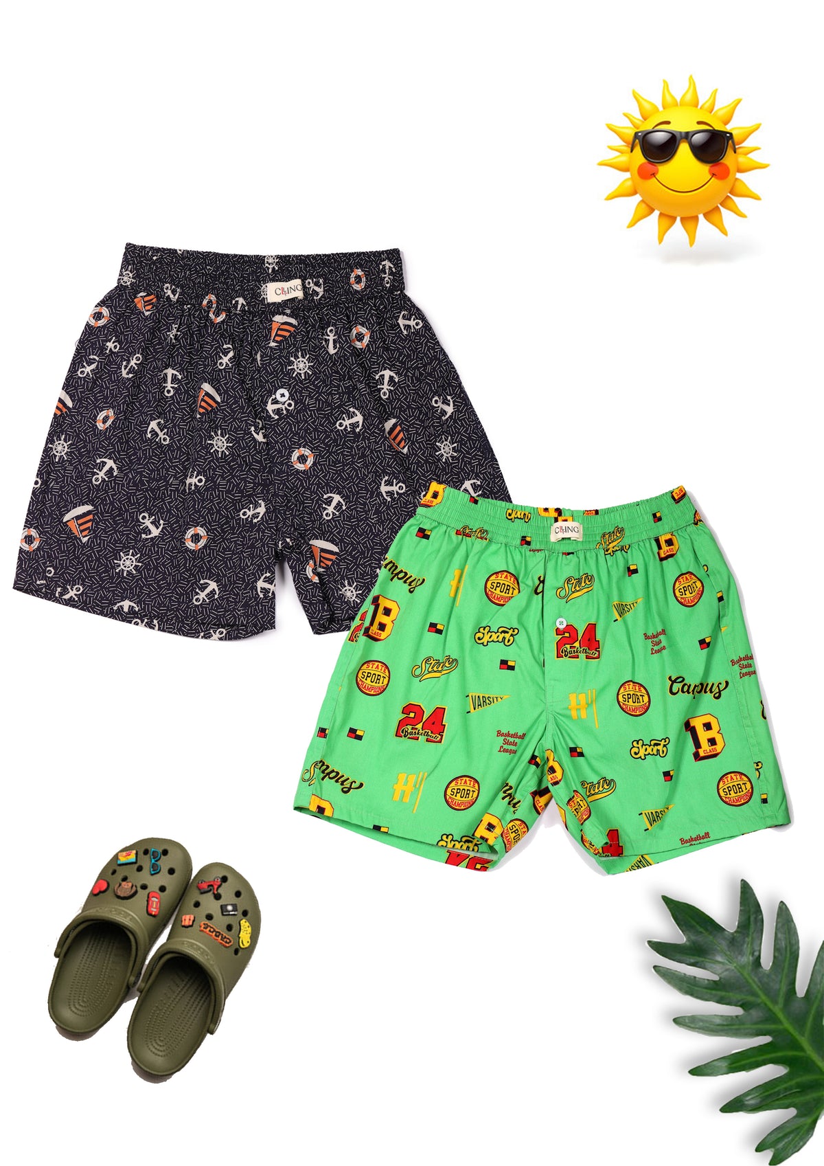 CLLING Kids Super Soft Navy & Green Graphic Cotton Boxer Shorts Set - Pack of 2