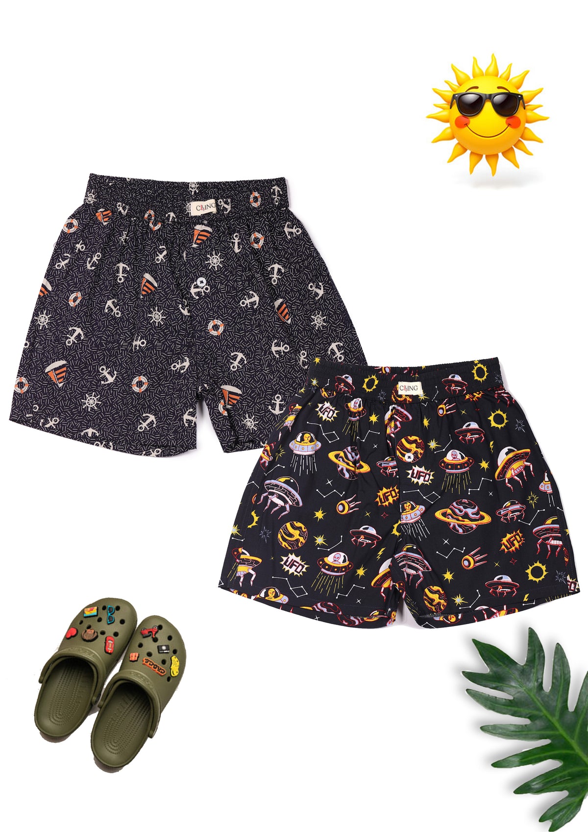 CLLING Unisex 2-Pack Pure Cotton Printed Boxer Shorts - Navy Anchor & Black Outer Space Print