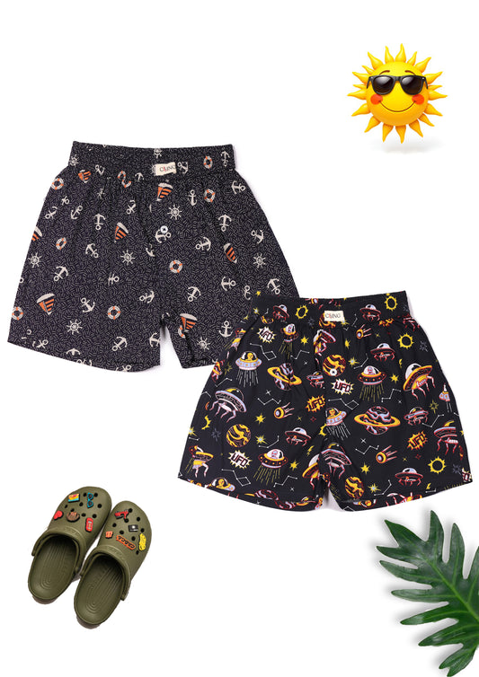 CLLING Unisex 2-Pack Pure Cotton Printed Boxer Shorts - Navy Anchor & Black Outer Space Print
