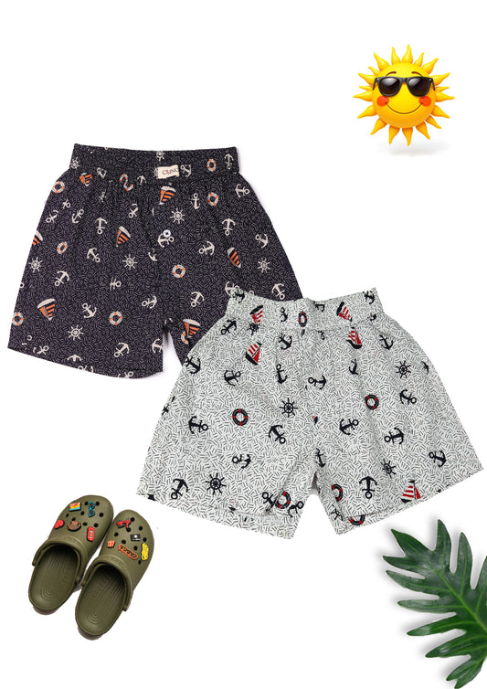 CLLING Kids Navy & Light Grey Printed Cotton Boxer Shorts (Pack of 2) - Nautical Anchor Set