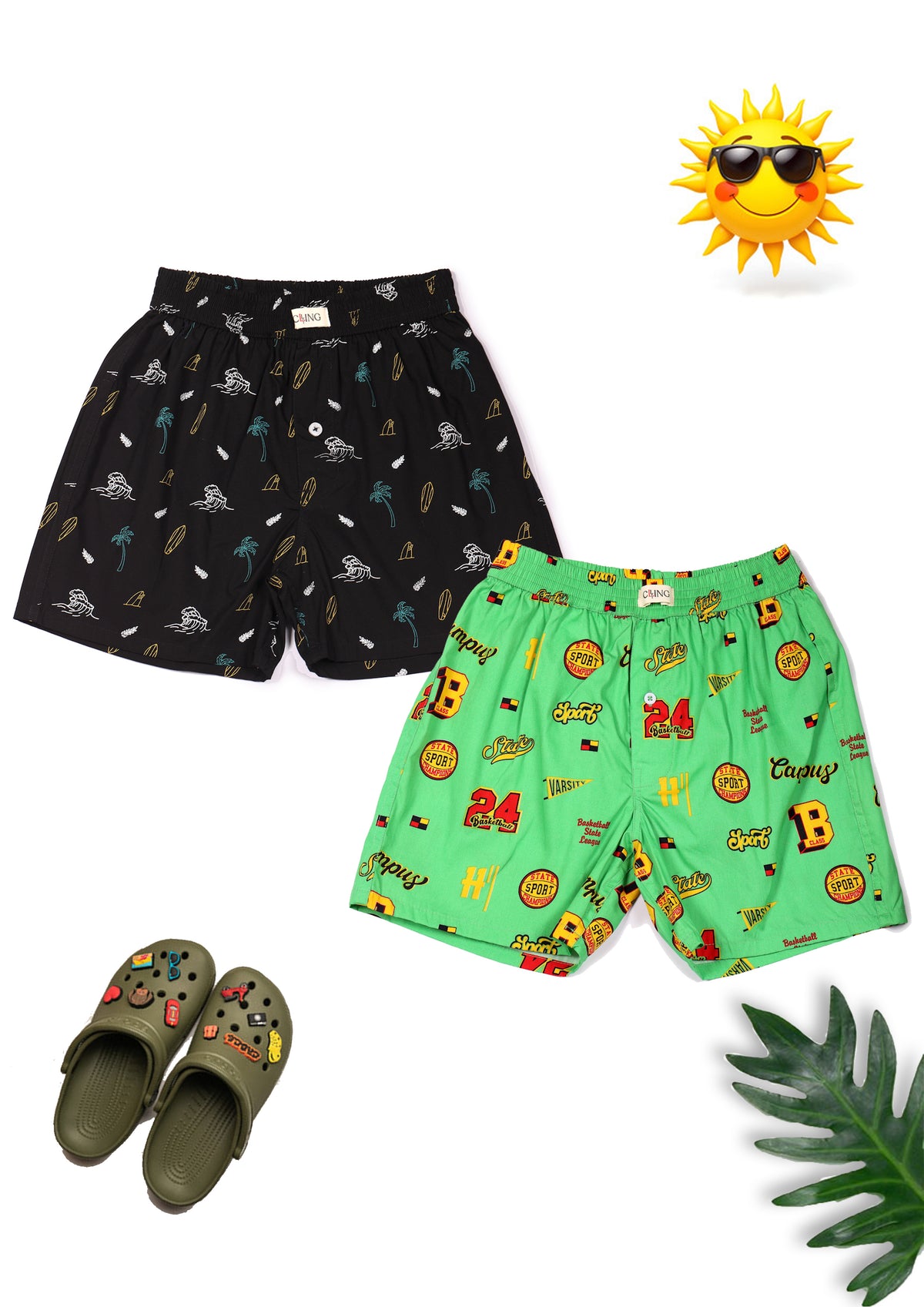 CLLING Kids Black & Green Printed Cotton Boxer Shorts (Pack of 2) - Tropical Surfboard & Sports Campus