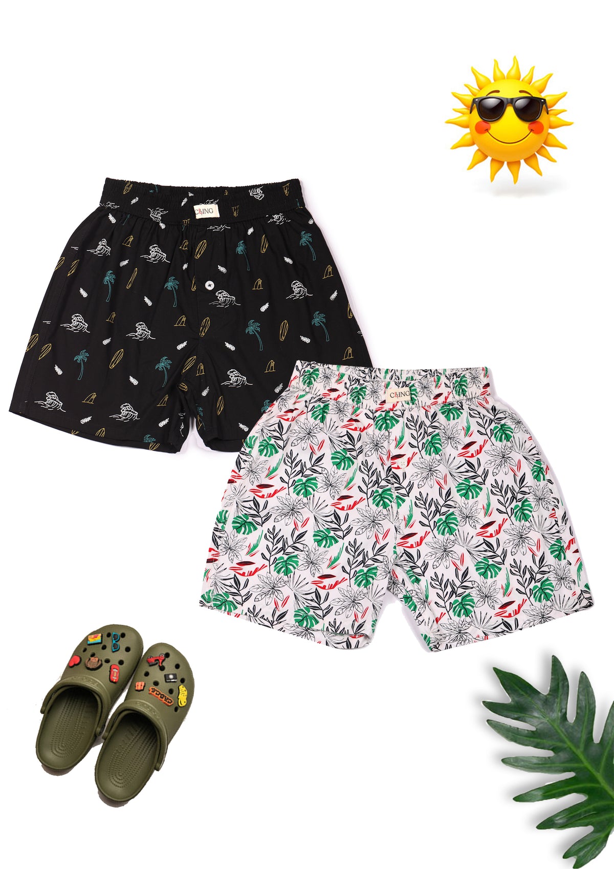 CLLING Kids Super Soft Black & White Graphic Cotton Boxer Shorts Set - Pack of 2