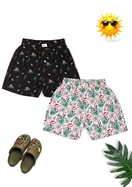 CLLING Kids Super Soft Black & White Graphic Cotton Boxer Shorts Set - Pack of 2