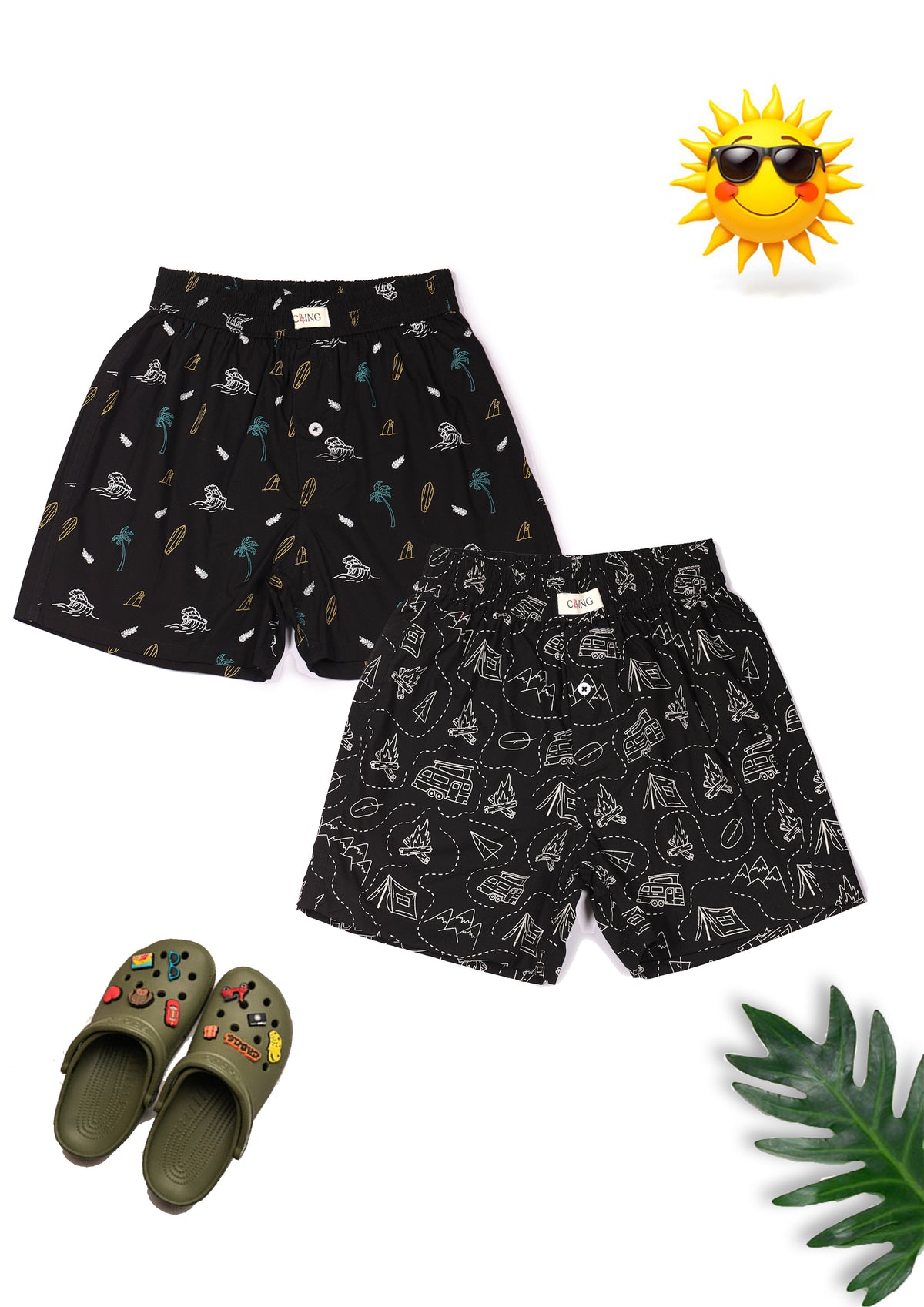 CLLING Kids 2-Pack Pure Cotton Printed Boxer Shorts - Black Palm Waves & Camping Print